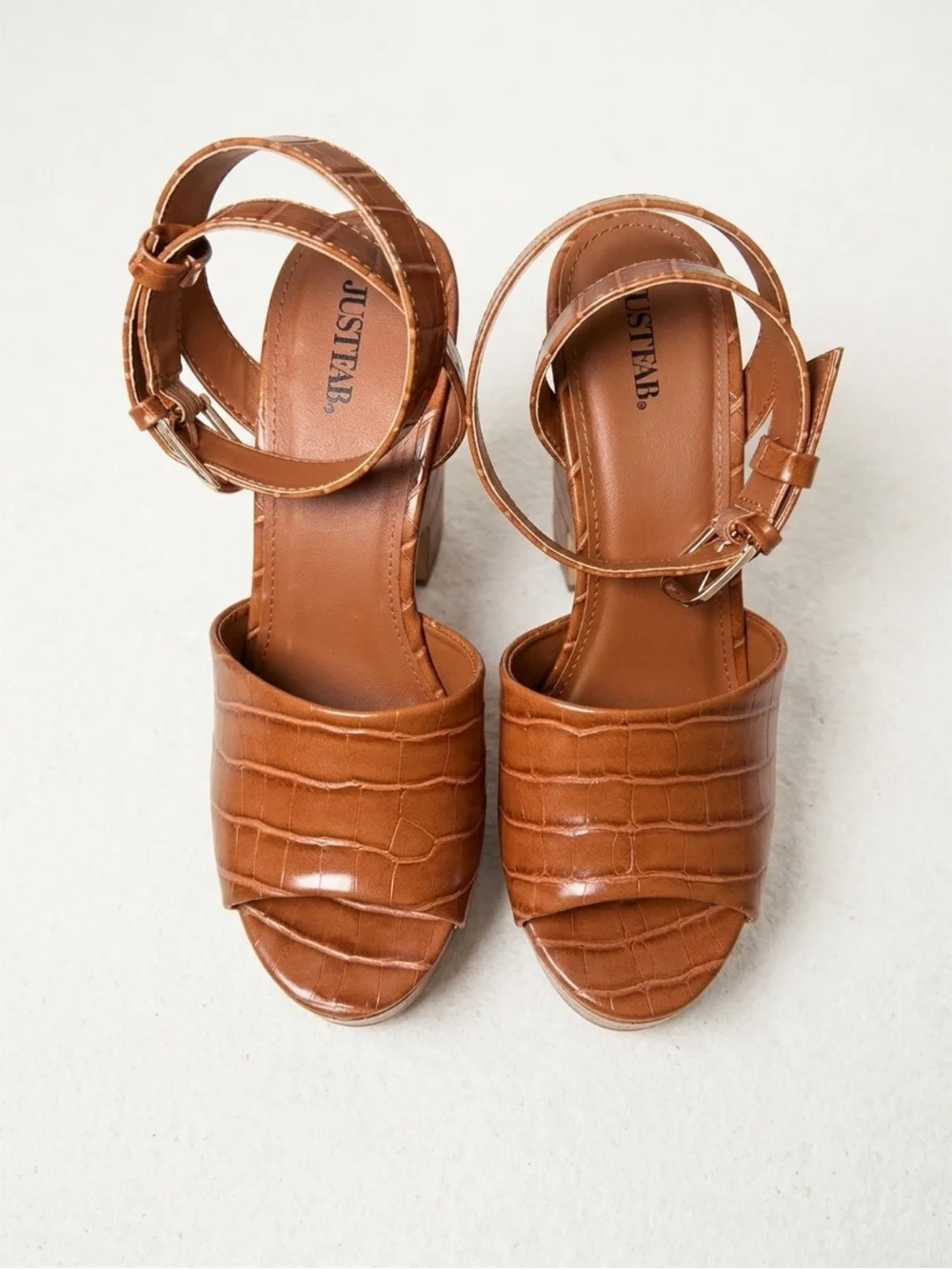 JustFab Tan Croc-Embossed Platform Sandal with Ankle Strap